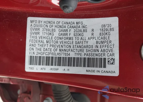 2020 Honda Civic Lx из США, поврежденный, VIN 2HGFC2F60LH577654